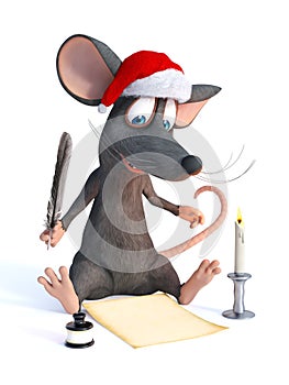 Cartoon mouse wearing Santa hat and writing Christmas wish list.