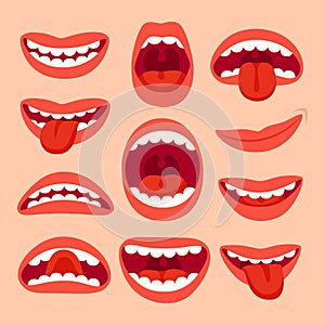 Cartoon mouth elements collection. Show tongue, smile with teeth, expressive emotions, smiling mouths and phonemes