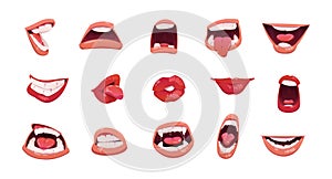 Cartoon mouth. Open and clothed lips, sad laugh smile anger cute face emotion with tongue and teeth. Vector mouth facial