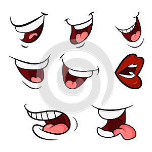 Cartoon Mouth Set. Tongue, Smile, Teeth. Expressive Emotions. Si