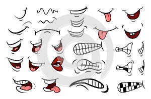 Cartoon Mouth Set. Tongue, Smile, Teeth. Expressive Emotions. Si photo
