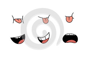 Cartoon mouths with tongue set on white background