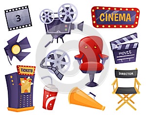 Cartoon movie elements, cinema entertainment, film industry. Clapperboard, retro video camera, director chair, film
