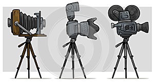 Cartoon movie and photo camera on tripod set