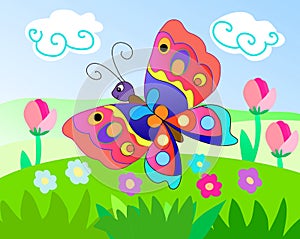 Cartoon multicolor butterfly in meadow and flowers in summer