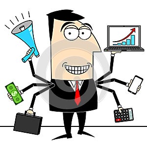 Cartoon multitasking businessman holding phone, computer, money and briefcase