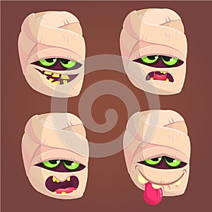 Cartoon mummy icons. Vector set of four zombie head emotions.