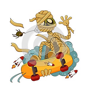 Cartoon mummy monster character rides a skateboard, waving. Halloween costume vector isolated on white.