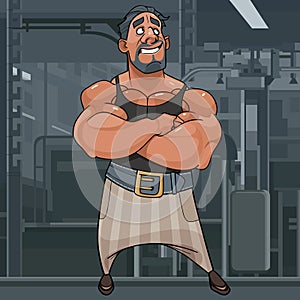 Cartoon muscle man bodybuilder stands and dreams