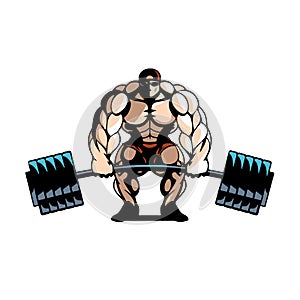 Cartoon muscular bodybuilder with heavy barbell