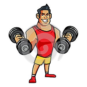 Cartoon muscular bodybuilder with heavy weight dumbbells
