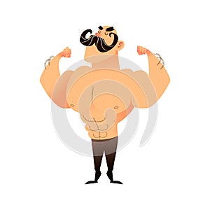 Cartoon muscular man with a mustache. Funny athletic guy. Bald man proudly shows his muscles in strong arms. flat