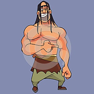 Cartoon muscular cheerful long haired man with a naked torso