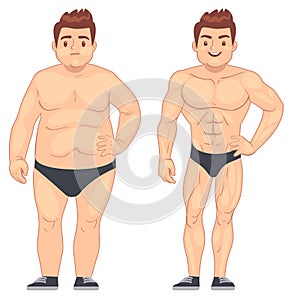 Cartoon muscular and fat man, guy before and after sports. weight loss and diet vector lifestyle concept