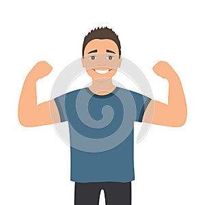 Cartoon muscular man. Funny athletic guy. Happy man proudly shows his muscles in strong arms.