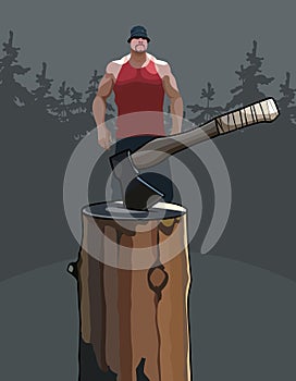 Cartoon muscular man standing in the woods next to an ax stuck in a log