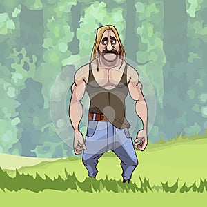 Cartoon muscular mustachioed long haired sad man in a green forest