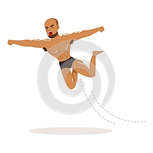 Cartoon muscularity wrestler in high flying action