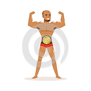 Cartoon muscularity wrestler posing with championship belt