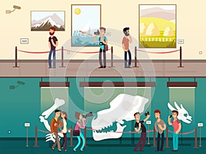 Cartoon museum gallery exhibition with painting, science exhibits and people visitors vector illustration