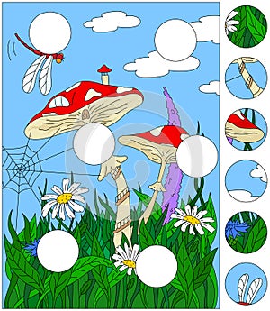 Cartoon mushroom house on the grass forest. Complete the puzzle