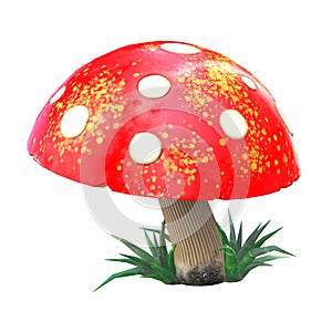 cartoon mushroom red white amanita. 3d illustration