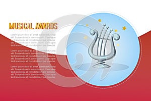 Cartoon music award harp statuette entertainment for winner or top artist achievement prize vector illustration banner.