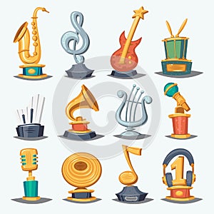 Cartoon music award statuette entertainment winner top artist achievement prize vector illustration.