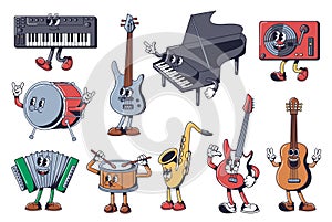Cartoon musical instrument characters. Music mascots keyboard synthesizer, bass guitar, grand piano and vinyl turntable