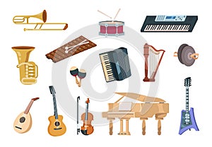 Cartoon musical instruments. Acoustic, electric, string and wind musical instruments with piano, guitars and drums