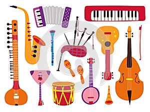 Cartoon musical instruments. Composer instrument, guitar and violin. Isolated accordion, band music elements. Flute