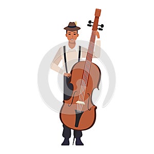 Cartoon musician with cello instrument, flat design