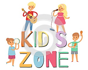 Cartoon musician children in kids zone, vector illustration. Boys and girls music band. Set of cute school musical