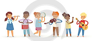 Cartoon musician kids, vector illustration for children music. Boys and girls music band. Set of cute school musical