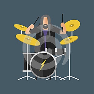 Cartoon musician play on sound modern drum and young male acoustic artist song entertainment on electric drumkit photo