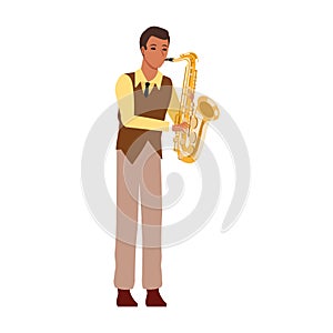 Cartoon musician with trumpet instrument, flat design