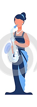 Cartoon musician. Woman with saxophone. Female playing music. Cute character holding musical instrument. Symphonic photo