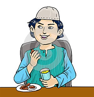Cartoon Muslim boy in Ramadan Mubarak