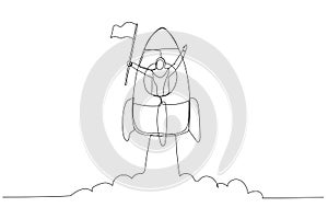 Cartoon of muslim business woman with flag on a rocket ship launching. Single line art style