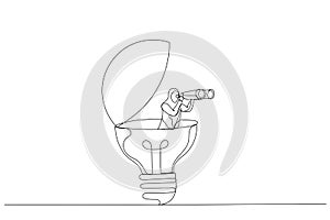 Cartoon of muslim businesswoman open lightbulb idea using binoculars to see business vision. Creativity to help. Single continuous