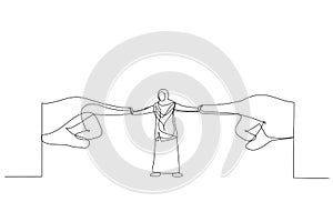 Cartoon of muslim businesswoman resisting pressure from two pointing giant hand. One line style art