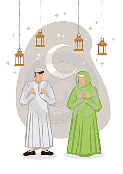 Cartoon muslim couple with crescent moon, stars in a white background. Ramadan fasting or Hari Raya festival concept