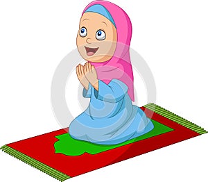 Cartoon Muslim girl praying on the prayer rug