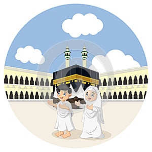 Cartoon muslim kids prayer in mecca