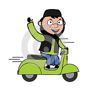 Cartoon Muslim Man Riding Scooter