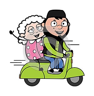 Cartoon Muslim Man Riding Scooter with an old lady