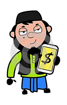 Cartoon Muslim Man Showing Money in Cell Phone