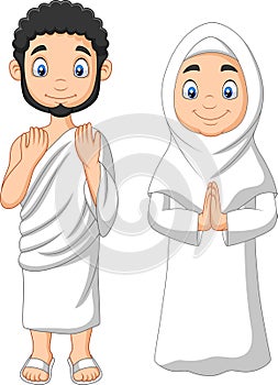 Cartoon Muslim Man and Woman wearing Ihram clothing