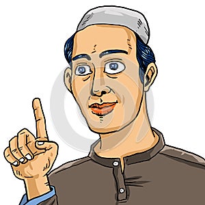 Cartoon Muslim men pointing up with his a finger