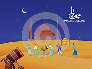Cartoon Muslim People Playing Tabu Debug Drum with Mosque on Desert at Crescent Moon for Ramadan Mubarak Celebration